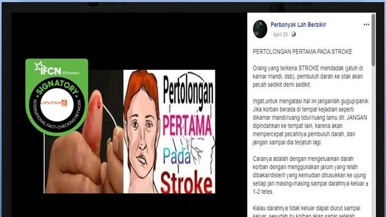 [Cek Fakta] Viral Penanganan Awal Stroke dengan Keluarkan Darah, Faktanya?