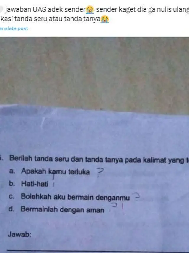 10 Potret Jawaban UAS Anak SD Ini Kocak, Bikin Guru yang Mengkoreksi Geleng Kepala