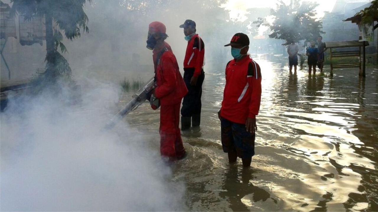 Petugas melakukan fogging untuk menekan wabah Demam Berdarah Dengue (DBD) usai banjir. (Foto: Liputan6.com/Muhamad Ridlo)