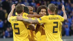 Para pemain Belgia merayakan gol yang dicetak Romelu Lukaku ke gawang Islandia pada laga UEFA Nations League di Stadion Laugardalsvollur, Selasa (11/9/2018). Belgia menang 3-0 atas Islandia. (AP/Brynjar Gunnarsson)