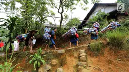 Masyarakat suku Baduy Luar berjalan kaki membawa bantuan berupa karpet untuk didistribusikan kepada korban kebakaran Kampung Cisaban II, Desa Kanekes, Banten, Kamis (01/6). (Liputan6.com/Fery Pradolo)