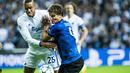 Pemain FC Copenhagen, Mathias Zanka Jorgensen (kiri) ikut menyumbangkan satu gol saat melawan Club Brugge KV  pada grup G liga Champions di Telia Parken stadium, Rabu (28/9/2016) dini hari WIB. (AFP/SCANPIX DENMARK / Liselotte Sabroe / Denmark OUT)