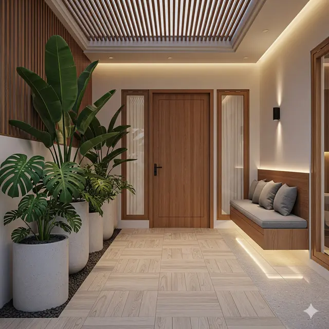 Teras Minimalis dengan Pintu Kayu