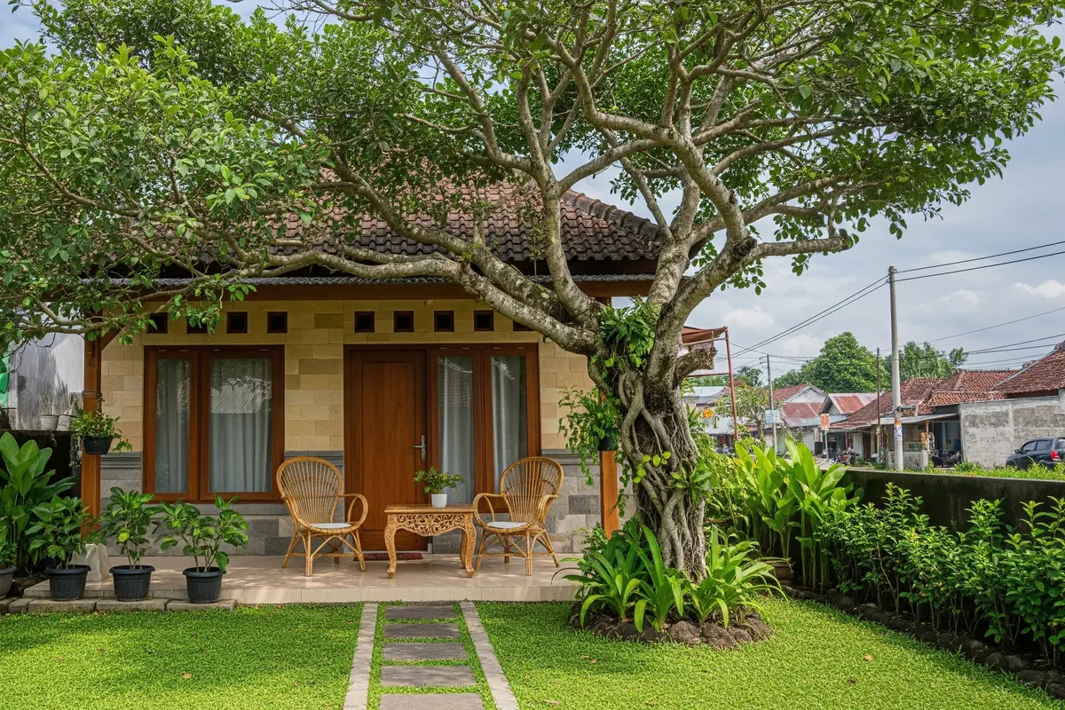 Model Rumah dengan Teras Mini dan 1 Pohon Rindang