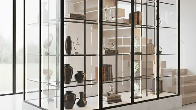 Model Lemari Kaca Custom Built‑in Mengikuti Bentuk Tangga