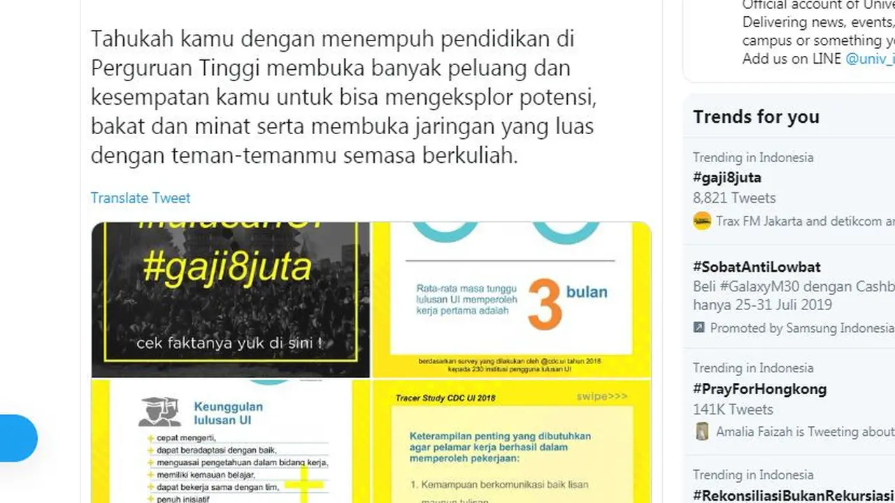 Unggahan Universitas Indonesia menanggapi lulusan baru atau fresh graduate gaji Rp 8 juta