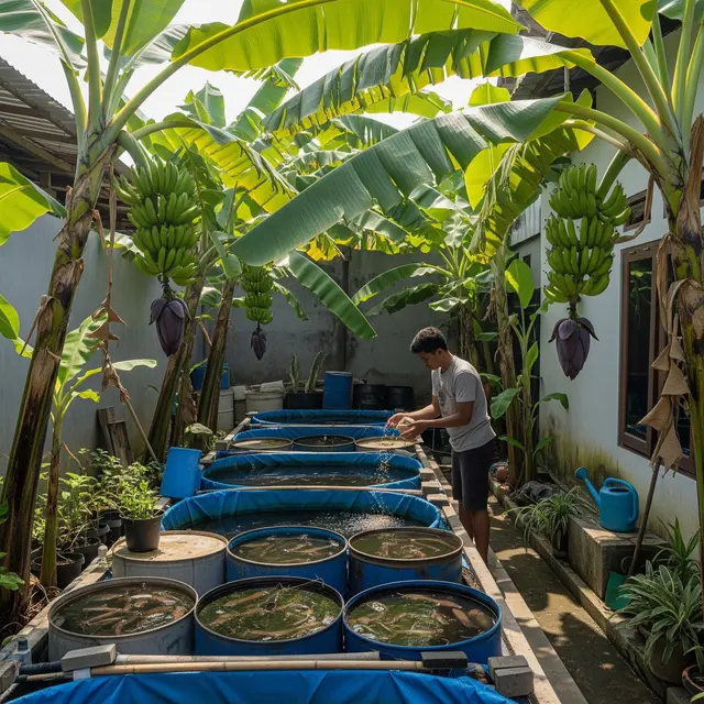 Ternak Lele di Lahan Pekarangan dengan Pohon Pisang (Gemini AI)