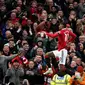 Pemain Manchester United Marcus Rashford melakukan selebrasi usai mencetak gol ke gawang Crystal Palace pada pertandingan sepak bola Liga Inggris di Stadion Old Trafford, Manchester, Inggris, 4 Februari 2023. Manchester United mengalahkan Crystal Palace dengan skor 2-1. (AP Photo/Dave Thompson)