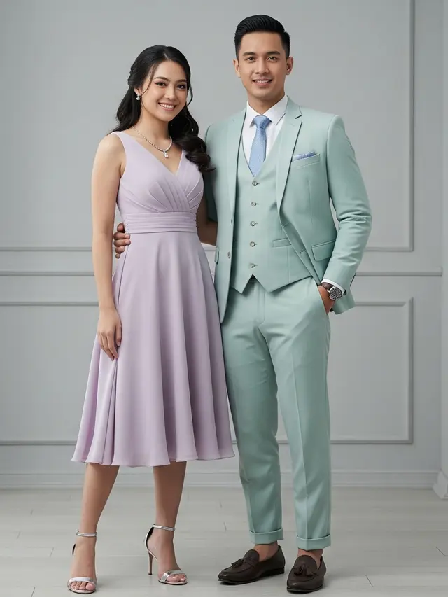 Model Baju Bridesmaid Couple Model Gaun A Line Pastel dan Setelan Chino Vest
