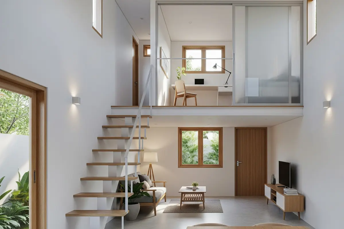 Desain Rumah Mini Modern dengan Mezzanine