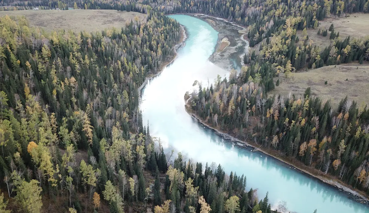 Foto dari udara yang diabadikan pada 28 September 2020 ini menunjukkan pemandangan musim gugur kawasan wisata Kanas di Altay, Daerah Otonom Uighur Xinjiang, China barat laut. (Xinhua/Zhang Yudong)