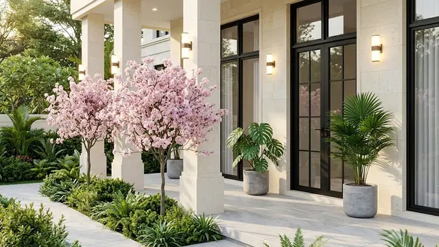 Teras Batu Palimanan dengan Tabebuya Mini Pink