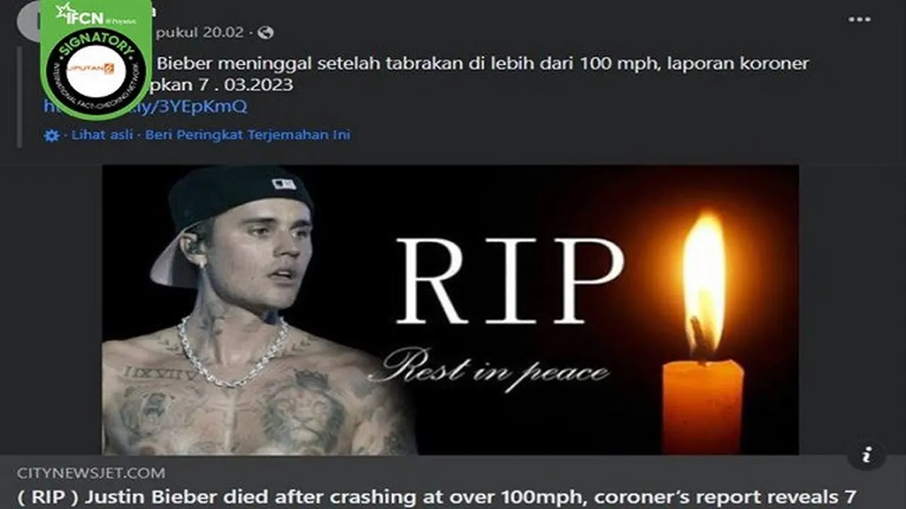 Gambar Tangkapan Layar Kabar Hoaks Justin Bieber Meninggal Dunia pada 7 Maret 2023 (sumber: Facebook).
