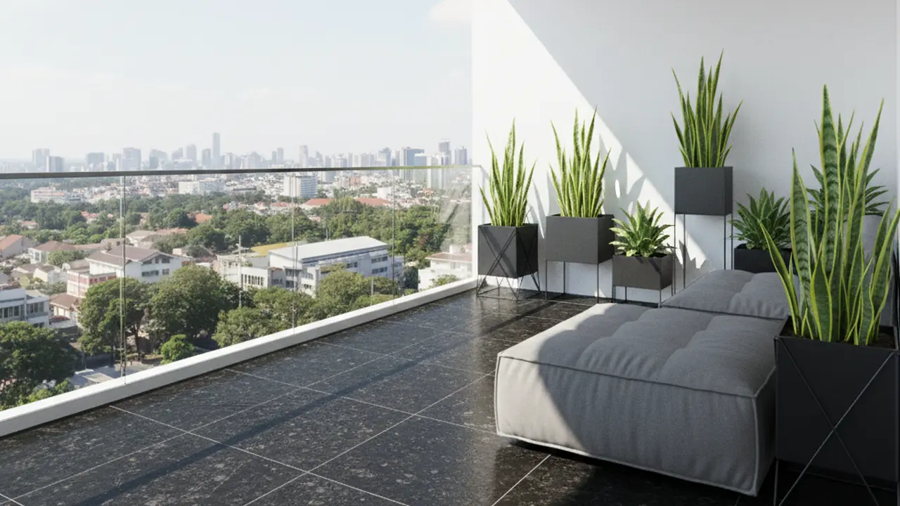 Desain Teras Lahan Sempit dengan Lantai Granit