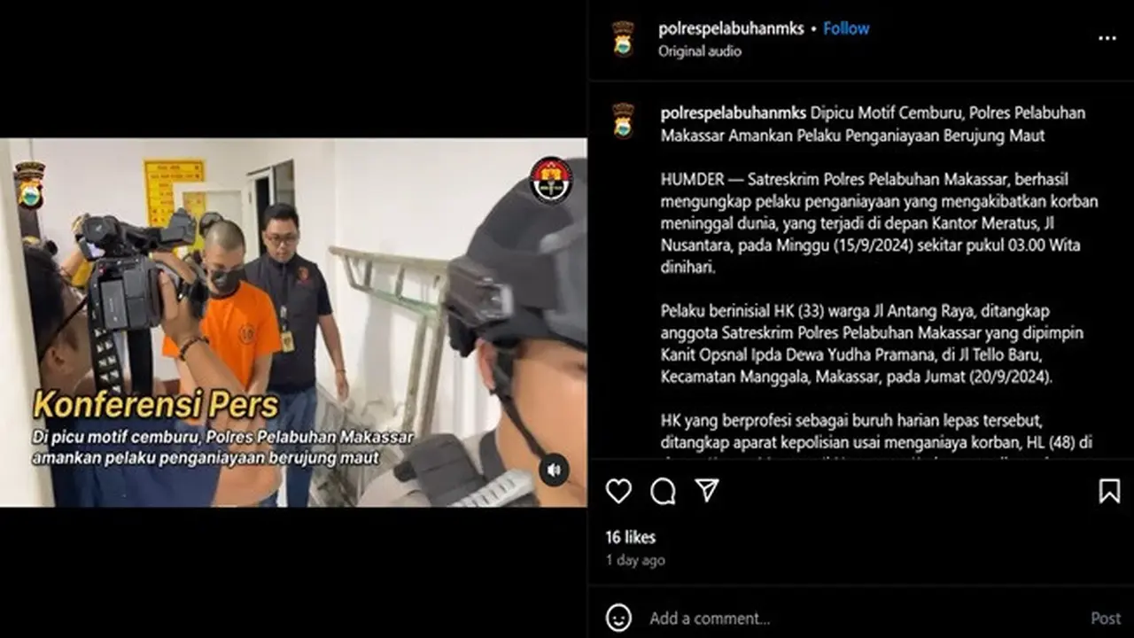 HK (33), pelaku penganiayaan seorang warga di Makassar. HK naik pitam setelah pacarnya yakni S diduga dilecehkan oleh korban. (Instagram @polrespelabuhanmks)