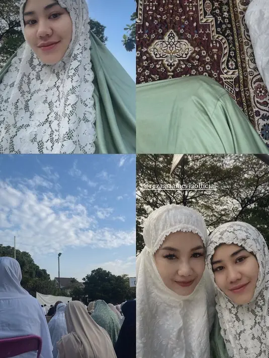 Aaliyah Massaid mengenakan mukena warna hijau dengan brokat putih di bagian depan. Sedangkan Reza Artamevia mengenakan mukena putihnya. @aaliyah.massaid.