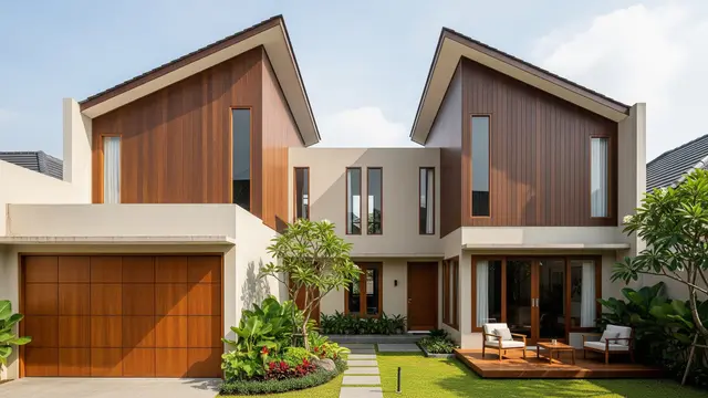 Desain Atap Miring Gabungan dengan Fasad Kayu