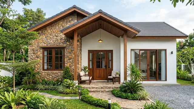 Desain Rumah Desa Konsep Natural Modern dengan Batu Alam. Gemini