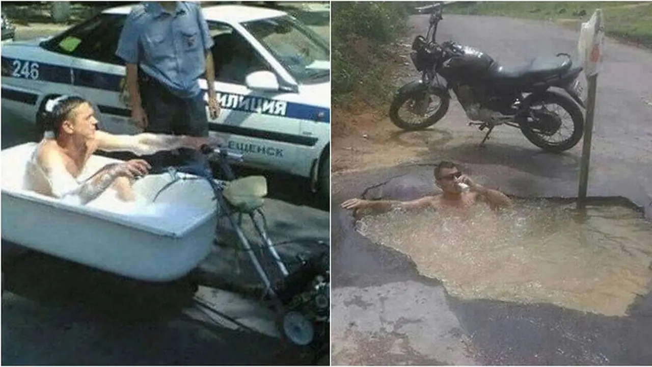 6 Aksi Nyeleneh Orang Saat Berkendara, Santai Sambil Mandi di Jalan Umum