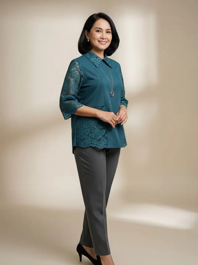 Model Baju Wanita Usia 50 Tahun Kombinasi Polos (AI Generated)
