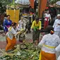 Suasana prosesi upacara mecaru di Pura Tribhuana Agung Sukmajaya Depok, Jawa Barat, Rabu (6/3). Upacara Mecaru dilaksanakan bertujuan untuk menjaga keharmonisan antara manusia dan alam. (Liputan6.com/Herman Zakharia)