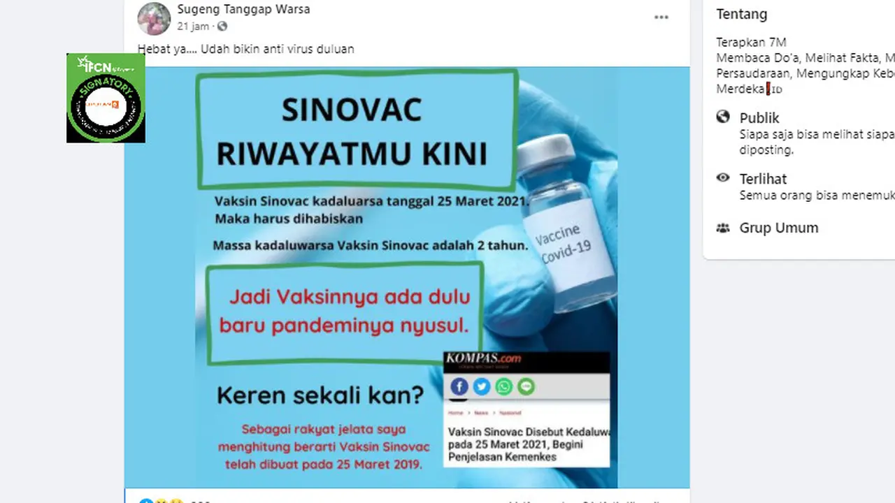 Cek Fakta Liputan6.com menelusuri klaim vaksin Sinovac diproduksi sebelum pandemi karena kadaluarsa lebih cepat dari 2 tahun