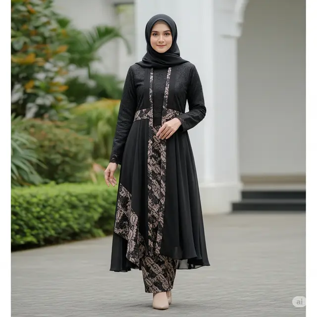 Model Gamis Abaya Hitam dengan Kombinasi Bahan/Tekstur