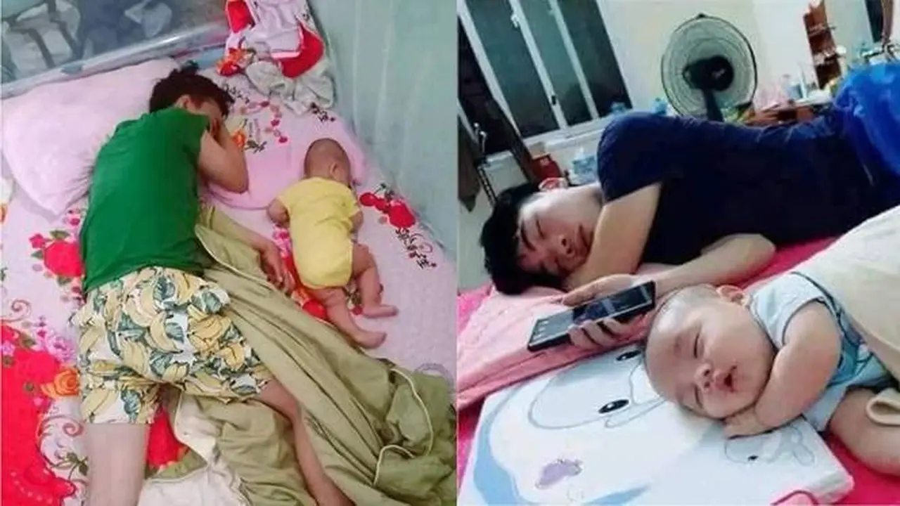 7 Potret Nyeleneh Bapak dan Anak Waktu Tidur Bareng, Posenya Kompak