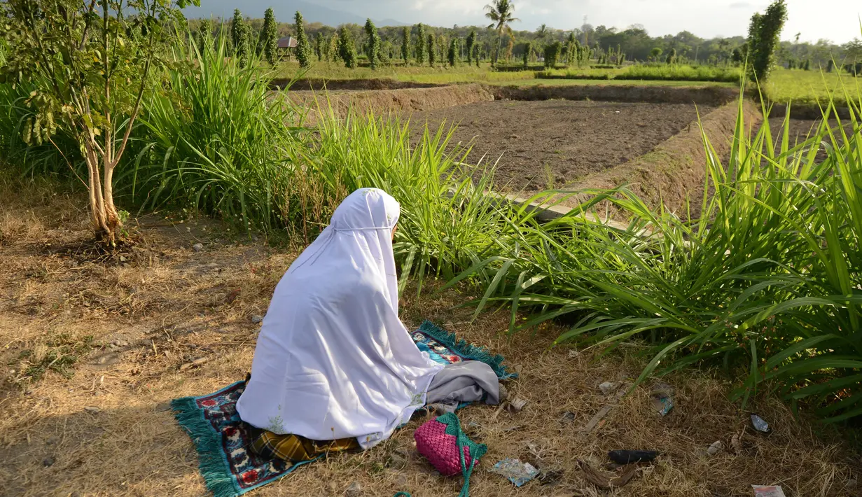 Seorang salat dekat sawah di Kecamatan Kayangan, Lombok Utara, Nusa Tenggara Barat (NTB), Rabu (8/8). Gempa Lombok meluluhlantakkan rumah, pertokoan, tempat ibadah, dan bangunan lainnya. (SONNY TUMBELAKA/AFP)