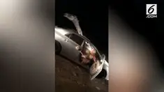 Sebuah tabrakan terjadi antara mobil dengan seekor unta. Tabrakan pun membuat unta terjebak di dalam mobil tersebut.