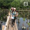 Pengunjung saat berjalan di Taman Wisata Alam Mangrove, Angke Kapuk, Jakarta, Kamis (23/6/2022). Kawasan hijau seluas 99,82 hektare ini dikenal sebagai kawasan konservasi alam mangrove yang dimanfaatkan untuk wisata dan rekreasi alam. (merdeka.com/Arie Basuki)