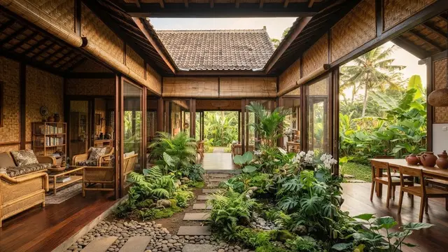 Rumah bambu sederhana tapi tidak ketinggalan zaman model taman di dalam