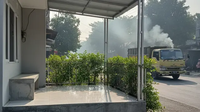 Model Teras Rumah Kecil Dekat Jalan Raya untuk Meredam Debu. Gemini