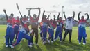 Para pemain Tim Criket putri Papua merayakan kemenangan atas Bali pada laga final cricket putri PON XX Papua 2021, Minggu, (26/09/2021). ( Foto : PON PAPUA XX PAPUA/Soleha )