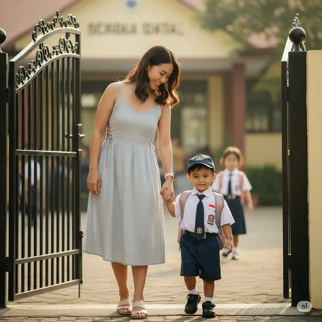 Outfit Ibu Antar Anak Sekolah. Foto: Gemini
