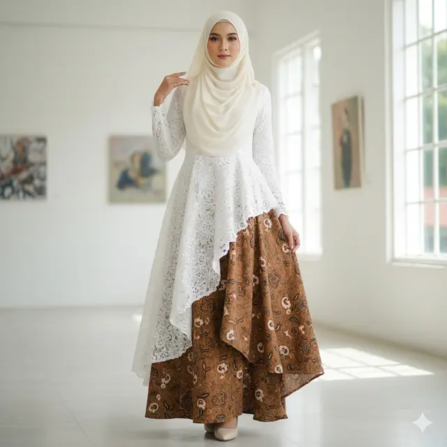 Gamis Putih Brokat Aksen Batik Coklat Earthy Tone