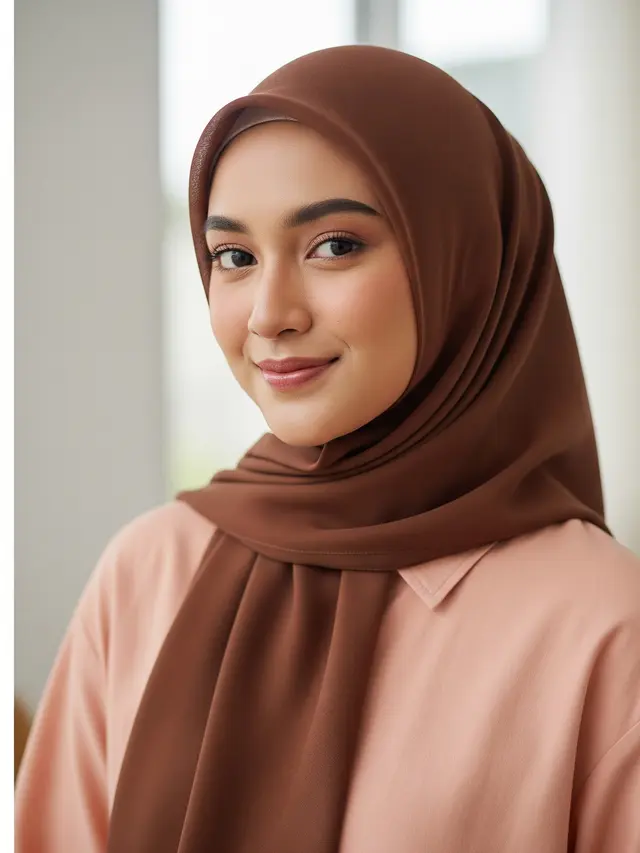 Baju Peach dengan Jilbab Cokelat Milo