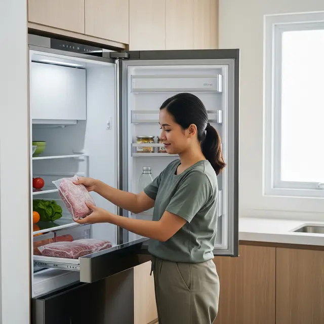 Memindahkan daging dari freezer ke rak bawah kulkas (Gemini AI)
