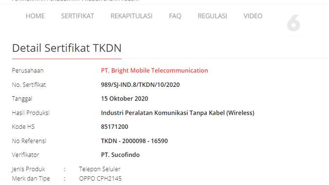 Perangkat Reno5 misterius mendapatkan sertifikat TKDN, tanda kalau perangkat ini segera rilis di Indonesia (Liputan6.com/ Agustin Setyo W)