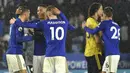 Pemain Leicester City merayakan kemenangan usai melawan Arsenal pada pertandingan lanjutan Liga Inggris di Stadion King Power (10/11/2019). Leicester City menang 2-0 atas Arsenal. (AP Photo / Rui Vieira)