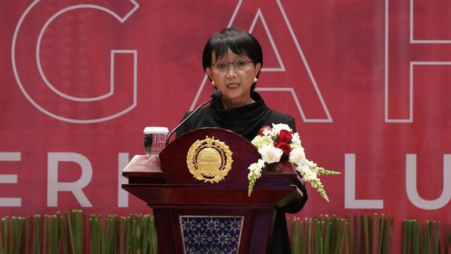 Menlu Retno Marsudi saat menyampaikan pidato pada acara HUT Kemlu RI ke-75 pada Rabu, 19 Agustus 2020.