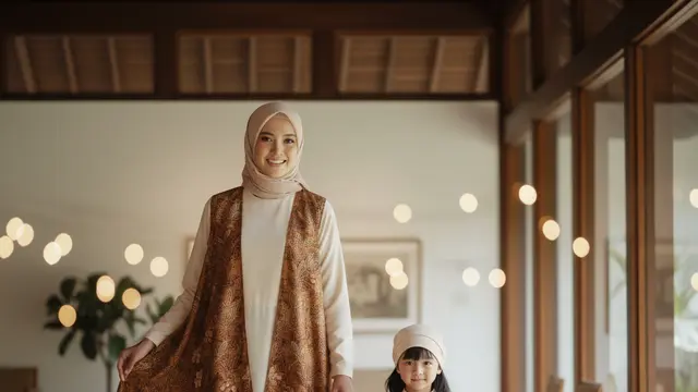 Gamis Maxi Polos dan Outer Batik Couple Ibu Anak
