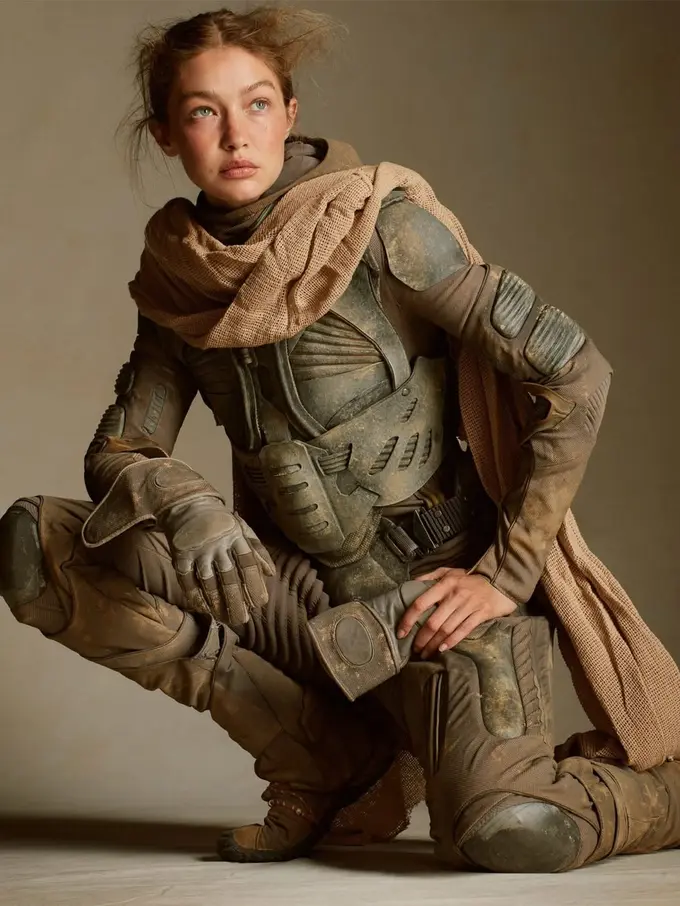 Epic! Potret Gigi Hadid Pakai Kostum Stilsuit Warrior dari Film Dune untuk Vogue World