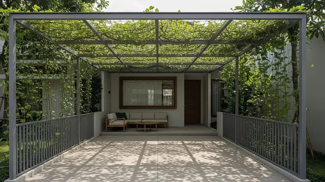 Desain Teras Sekaligus Carport dengan Tanaman Rambat