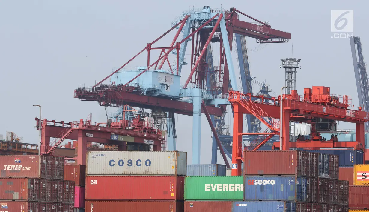 Aktivitas di Jakarta International Container Terminal, Jumat (15/3). BPS mencatat impor pada Februari 2019 turun tajam 18,61 persen menjadi US$12,2 miliar dibanding bulan sebelumnya US$14,99 miliar. (Liputan6.com/Helmi Fithriansyah)