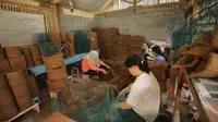 Jaenuri memanfaatkan sampah serabut kelapa untuk diolah menjadi kerajinan pot tanaman. (Foto: Liputan6.com).