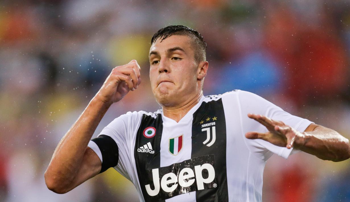 Ekspresi pemain anyar Juventus, Andrea Favilli usai mencetak gol ke gawang Bayern Munchen dalam International Champions Cup (ICC) 2018 di Lincoln Financial Field, Philadelphia, Amerika Seikat, Rabu (25/7). (Eduardo Munoz Alvarez/AFP)