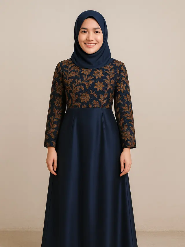 Dress Batik Kombinasi Kain Polos Warna Biru dan Hitam Modern/Ilustrasi AI