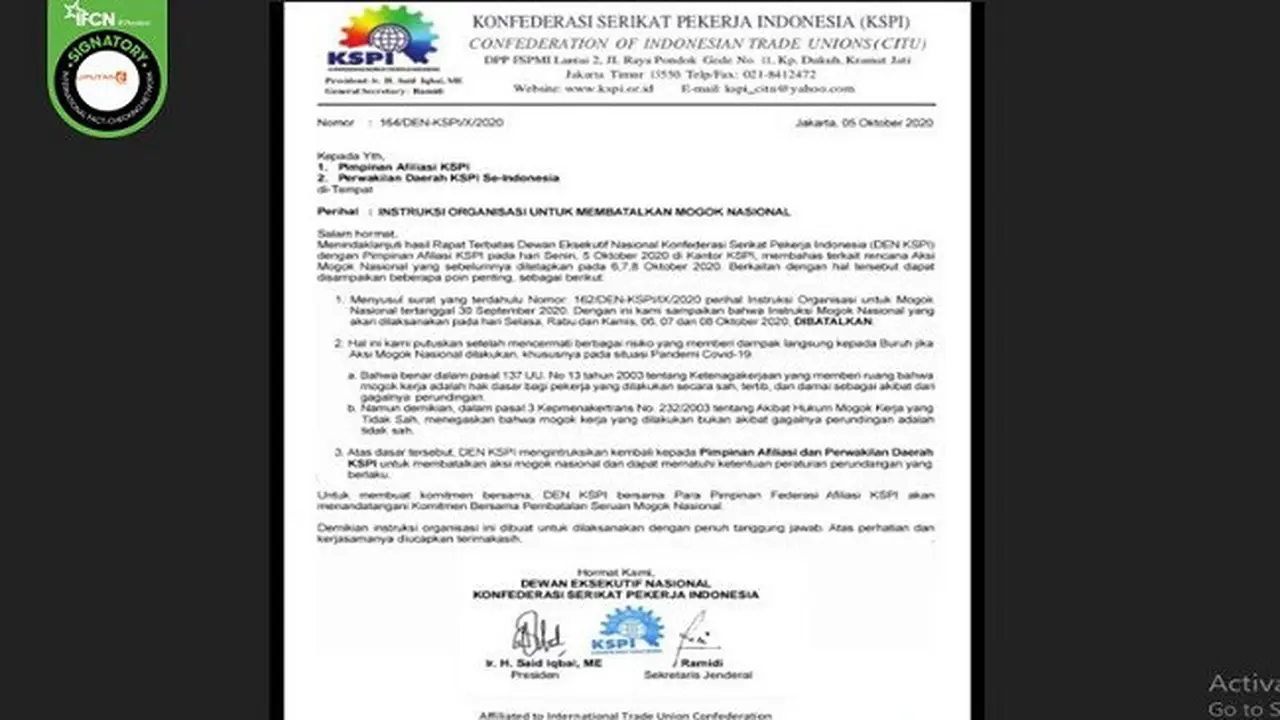 Gambar Tangkapan Layar Surat Palsu Pembatalan Aksi Mogok Nasional