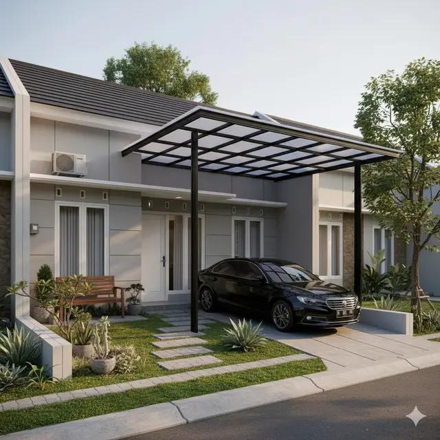 Desain Rumah Tipe 36 dengan Kanopi Mobil dan Halaman Depan